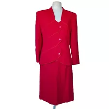 Vintage 80s LILLI ANN Red Skirt Suits Wool Long Sleeve Career