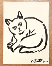 CHRIS ZANETTI Original Ink Drawing CAT Kitten Animal Minimalist Art 8"x6" Signed