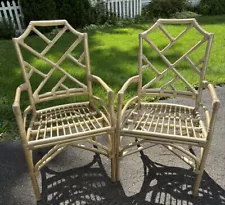 Set of 2 Vintage Chinese Chippendale Gold Bamboo Chairs Hollywood Regency