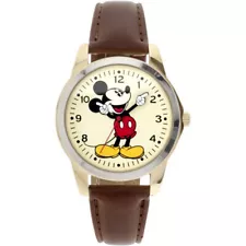 New Disney Classic Mickey Mouse Pointing Hands Brown Strap Watch In Box