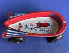 Wyandotte Tin pull Toy Flash Strat-O-Wagon vtg metal Rocket Ship Wood Wheels