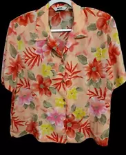 *Alia orange pink floral print button down shoulder pads short sleeve top 18W