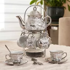 20 piece Tea Sets - Tea Pot + 6 Cups & Saucers + Rack. Silver set 3 oz cups