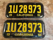 PAIR 1951 CALIFORNIA PASSENGER CAR LICENSE PLATES. BLACK AND YELLOW. CLEAR.