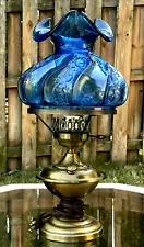 Fenton Art Glass Blue Paisley Swirl Brass Student Lamp