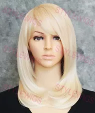 Light Blonde Ombre Shoulder Layered Straight Heat Safe Human Hair Blend Wig EVBD