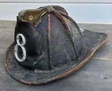 Antique 19th Century Firefighter Leather Fire Helmet With Metal Number Shield