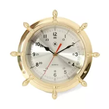 Bey Berk Lacquered Brass Ship's Wheel Quartz Clock with Beveled Glass.