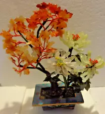 VINTAGE MCM Chinese Bonsai Tree Glass Flowers Jade Carnelia Quartz Cloisonne Pot