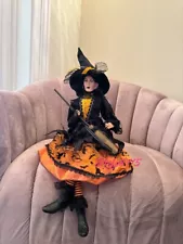 26” Witch W/broom Black Orange Dress Posable Legs Shelf Sitting Halloween Decor