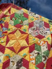 FINE VINTAGE COUNTRY FARMHOUSE BUTTERFLY TUMBLING BLOCKS STARS ROOSTER OLD QUILT