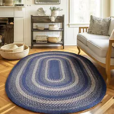 Blue Braided Farmhouse Jute Rug in Rectangles Oval Runner for Kitchen