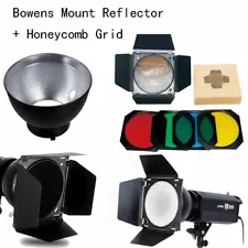 US Godox Bowens Mount Reflector + Barn Door Honeycomb Grid Filter f Studio Flash