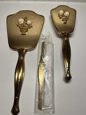 Vintage Gold Tone Hollywood Regency Ornate Roses Vanity Hand Mirror Comb Brush