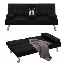 Futon Sofa Bed Convertible Couch for Living Room with 2 Cup Holders