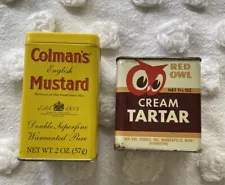 Vintage Tin Seasoning Red Owl Cream Of Tartar Colman’s Mustard Empty Collectible