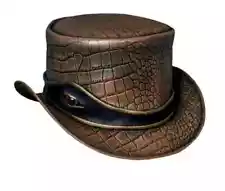 Leather Top Hat- Handcrafted Brown Leather TOP Hats with EyeBand Bikers Style