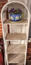 Vintage White Wicker Rattan Boho Cottage Shabby Chic Shelf (5 Shelves)