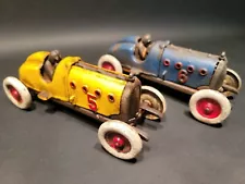 2 Antique Vintage Style Cast Iron Toy Race Cars w Lifting Hood