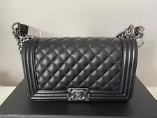 Brand New With Tag In Box Chanel Old Medium Boy Caviar Ruthenium Flap Bag