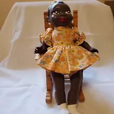 African American Baby Doll-Ceramic-Handmade with Clothespin Rocking Chair