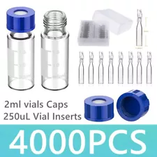 4000pcs 2ml LAB Clear Vials Pre-Slit 9mm Caps, 250ul Micro Insert Vials Glass US