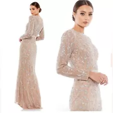 Mac Duggal 5124 Embellished Beaded Long Sleeve Trumpet Formal Gown, Mocha, Sz 10