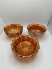 3 Pc Antique Fenton Butterfly & Berry Marigold Carnival Glass 4.5" Footed Bowls