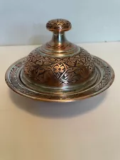 Turkish Copper Etched Covered Dish Collectible Delight Bowl with Lid for Candy