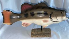 Carved Wood Small Mouth Bass Sculpture Worn Outdoor Display