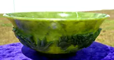 Green JADE Triple Dragon CRYSTAL BOWL One of a Kind Hand Carved Beauty For Sale