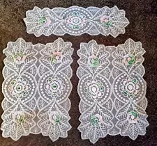 Vtg. Shabby Chic 3 Piece Lace Dresser Set White With Pastel Colored Designs