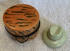 LIMOGES FRANCE BOX Tiger Stripe HAT BOX & HAT Green PEINT MAIN Orange Rare