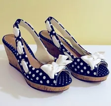 Sperry Top Sider CH-72 Blue & White Polka Dot Slingback Cork Wedge Sandals Shoes