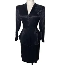 Margi Kent Skirt Suit Vintage Womens Size S Black Embossed Long Sleeve Layered