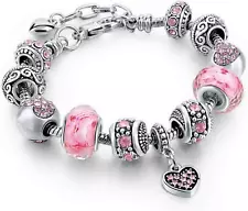 PANDR SILVER BRACELET WITH CRYSTAL HEART AND LOVE EUROPEAN CHARMS