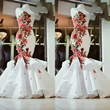 Red and White 3D Flowers Mermaid Wedding Dresses Sweetheart Satin Bridal Gowns