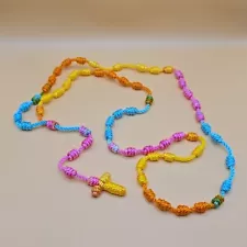 Knotted Rosary Nylon Cord Blue Pink Yellow Orange Colorful 27" Round 59 Knots