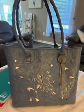 PATRICIA NASH Adeline Safflower Blue Leather Cutout Tooled Tote Handbag *read