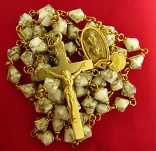 Vintage WHITE Rosary GOLD DESIGN ON BEADS With MARY JESUS Center JAPAN BY SN