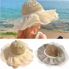 Women Girls Big Wide Brim Lace Straw Hat Floppy Beach Sun Cap Summer Outdoor Hat