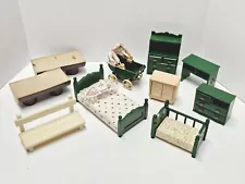 Vintage Sylvanian Family Green Furniture Lot Calico Critters Bed Carriage Logs