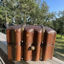 Wooden Treasure Chest With Metal And Leather Unique Curved Shape, Antique