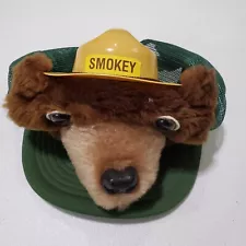 VINTAGE Smokey the Bear Men Hat OS Green Snapback 1980s Plush Trucker Mesh