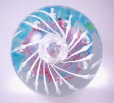 Ca. 1990 LARGE Splash/Controlled Bubble Spider Lily Paperweight--Pink/Blue/White