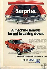 1972 Print Ad of Ford Maverick Red Sedan Suprise famous for not breaking down