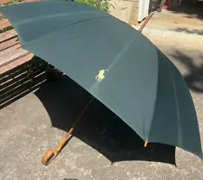 Vintage LAUREN Ralph Lauren Hunter Green Umbrella Faux Wood Handle Cotton/Poly