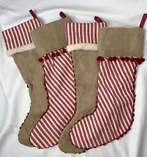 Set 4 Christmas Stockings Burlap Red White Stripe Pompmo Ric-Rac Trim EUC