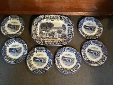 Fantastic Antique Flow Blue Wedgwood China 6 Dinner Plates & 16 Inch Platter