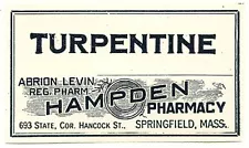 Antique Pharmacy Label TURPENTINE Abrion Levin Hampden Pharmacy Springfield Mass